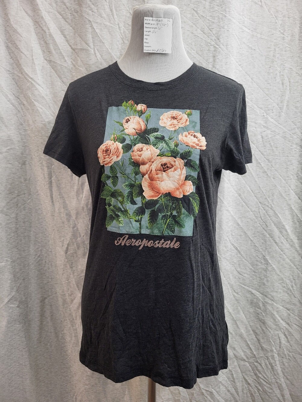 Aeropostale Women's Classic Crew Tee Short Sleeve Dark Gray Rose Foil Size XL